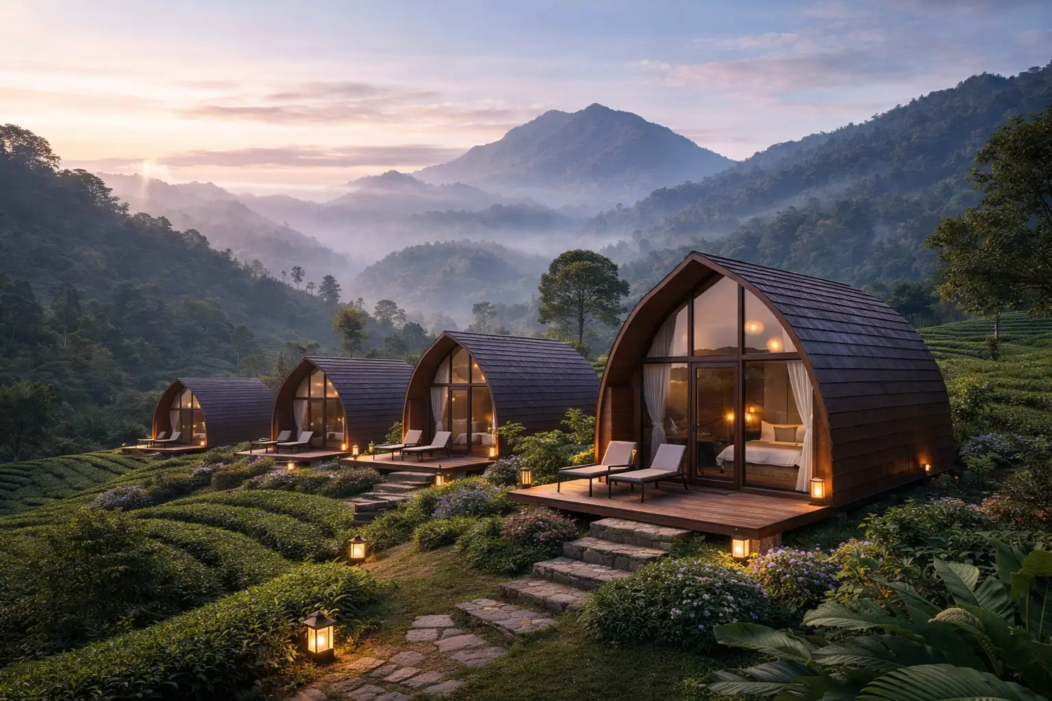 Glamping modular resort di perkebunan teh dengan pemandangan pegunungan