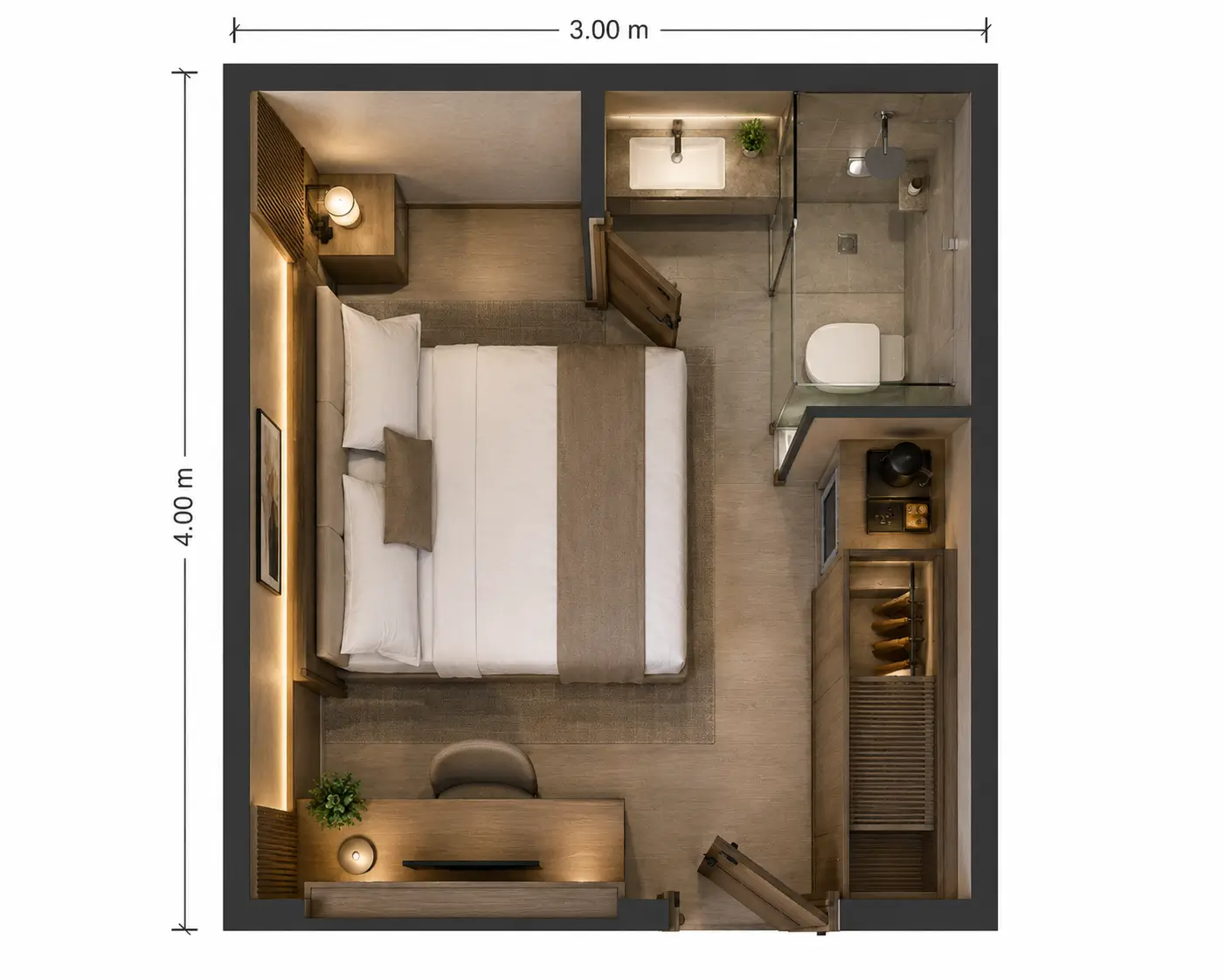 Layout kamar hotel 3x4 modern