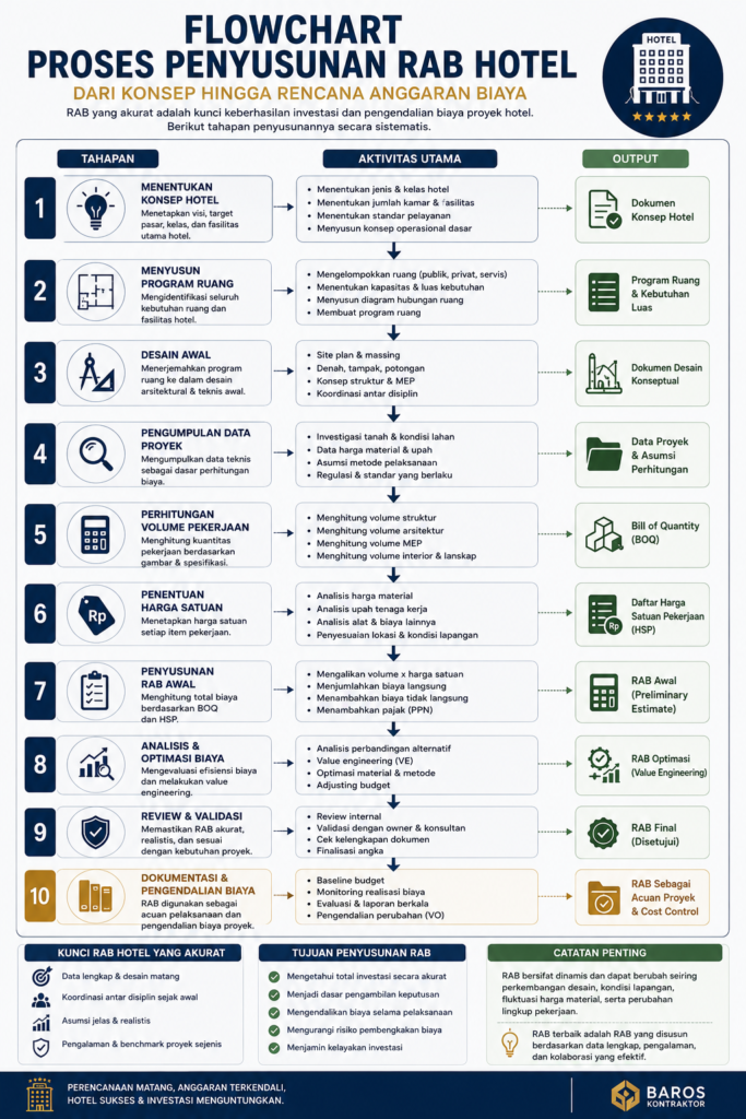 Flowchart proses penyusunan RAB hotel.