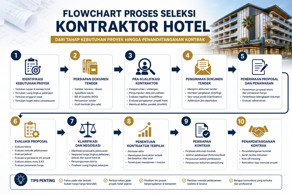 Flowchart proses seleksi kontraktor hotel dari tahap kebutuhan proyek hingga penandatanganan kontrak