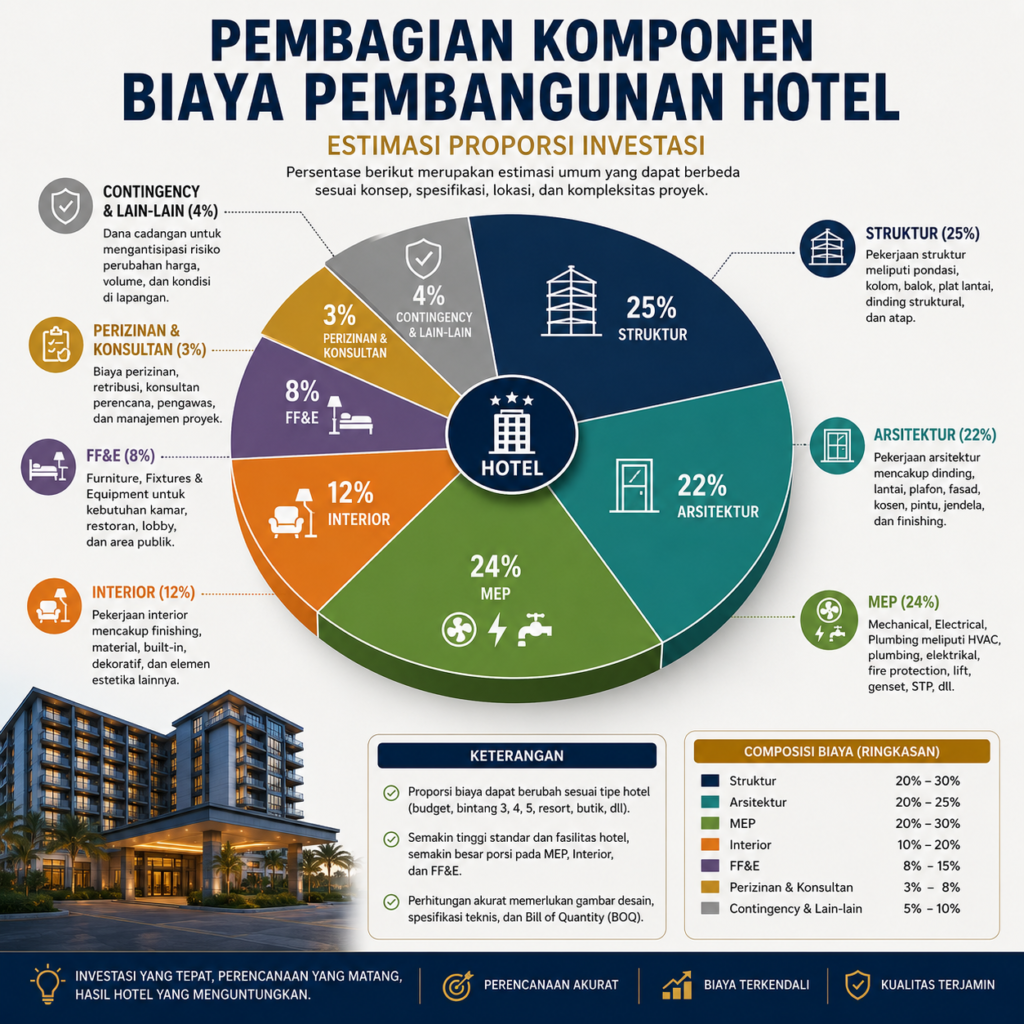 Infografis pembagian komponen biaya pembangunan hotel