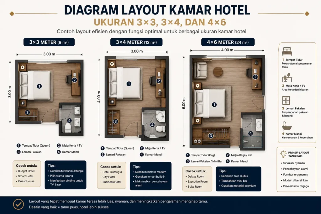 Diagram layout kamar hotel ukuran 3×3, 3×4, dan 4×6.