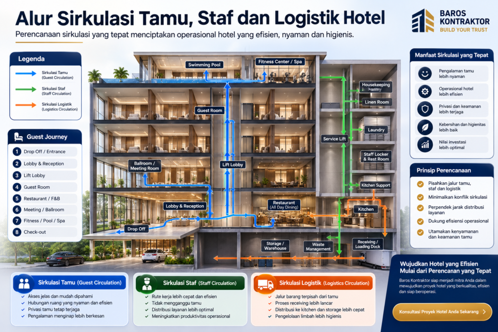 Infografis alur sirkulasi tamu, staf, dan logistik