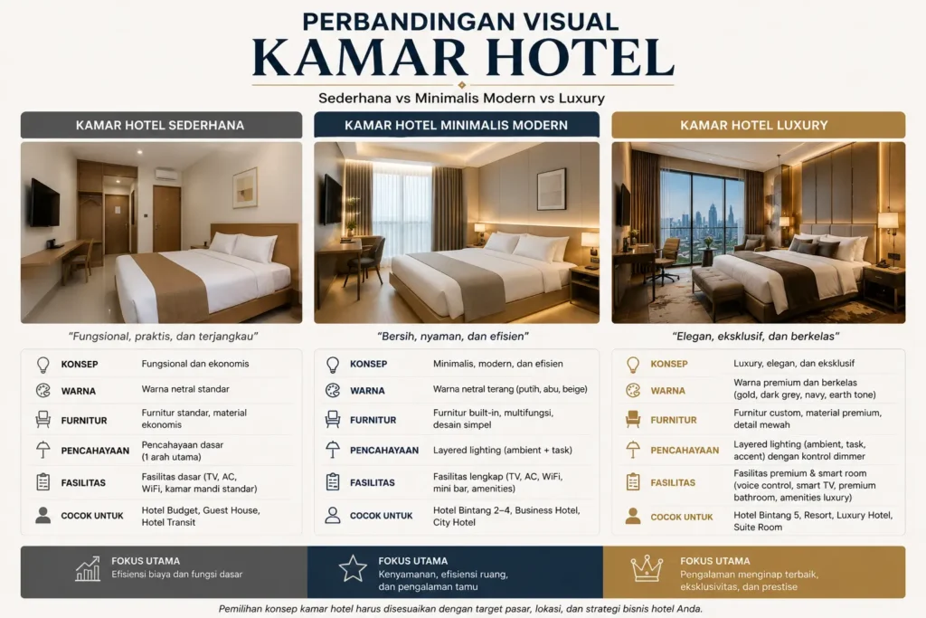 Perbandingan visual kamar hotel sederhana, minimalis, dan luxury