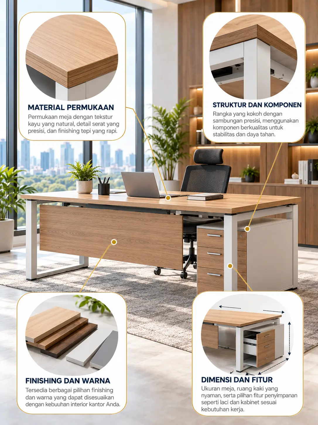 Ilustrasi detail material, struktur, finishing, dan fitur meja kantor
