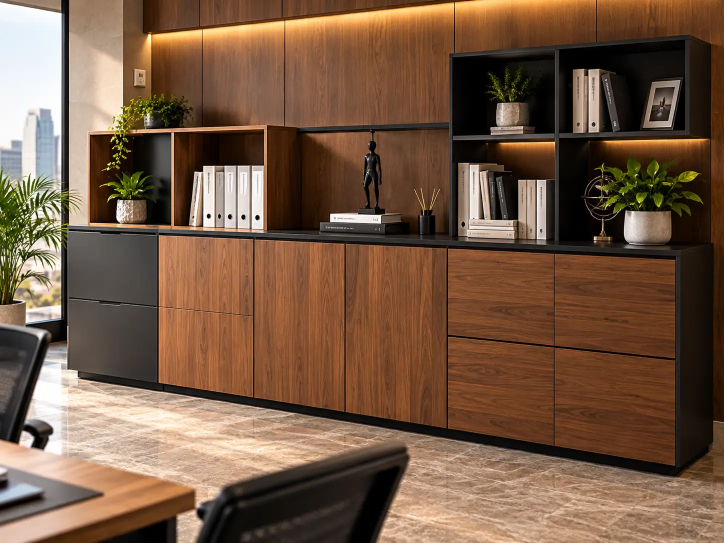 Kabinet dan storage kantor dengan finishing kayu walnut untuk penyimpanan