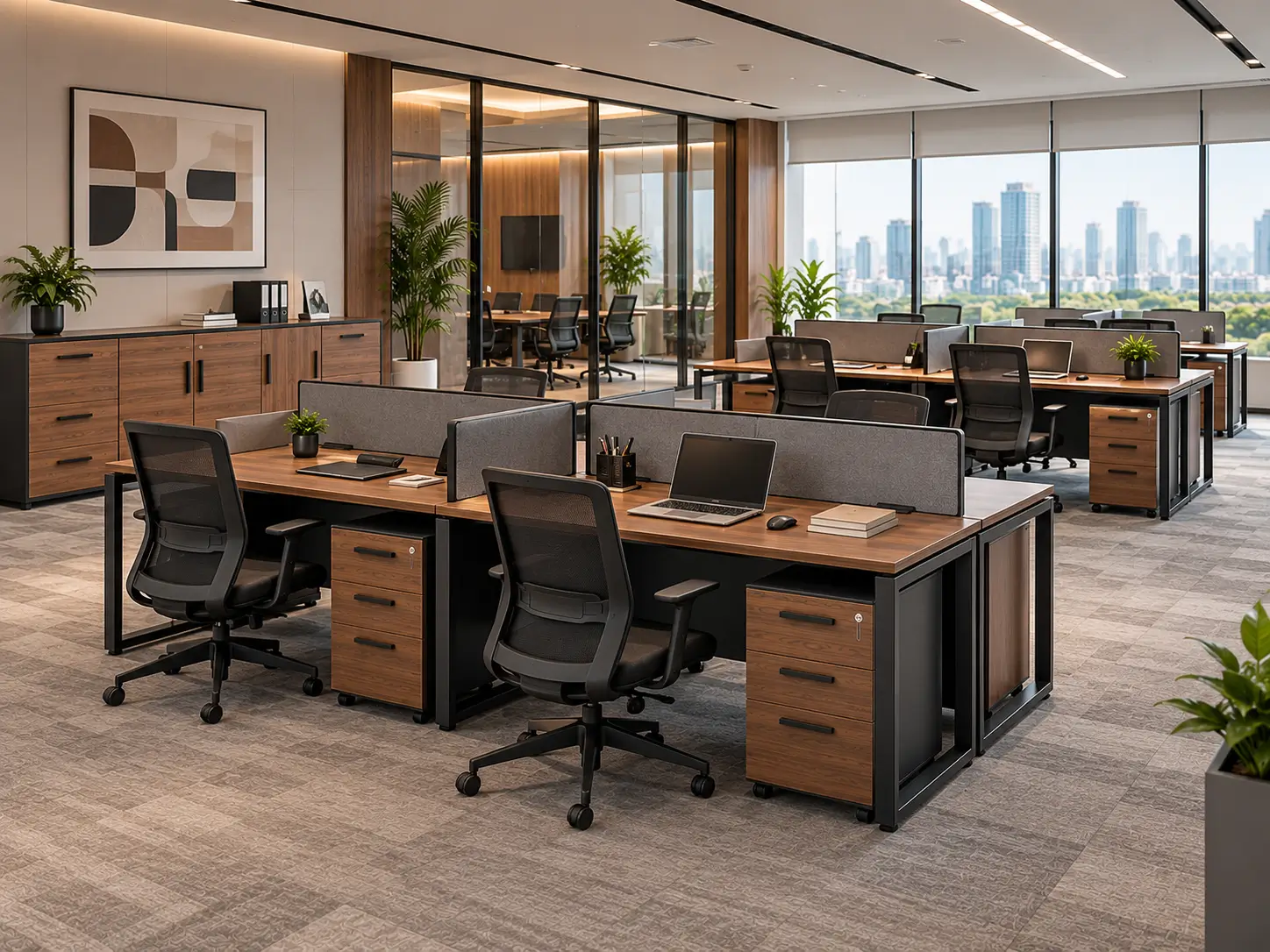 Furniture area kerja karyawan dengan meja dan workstation