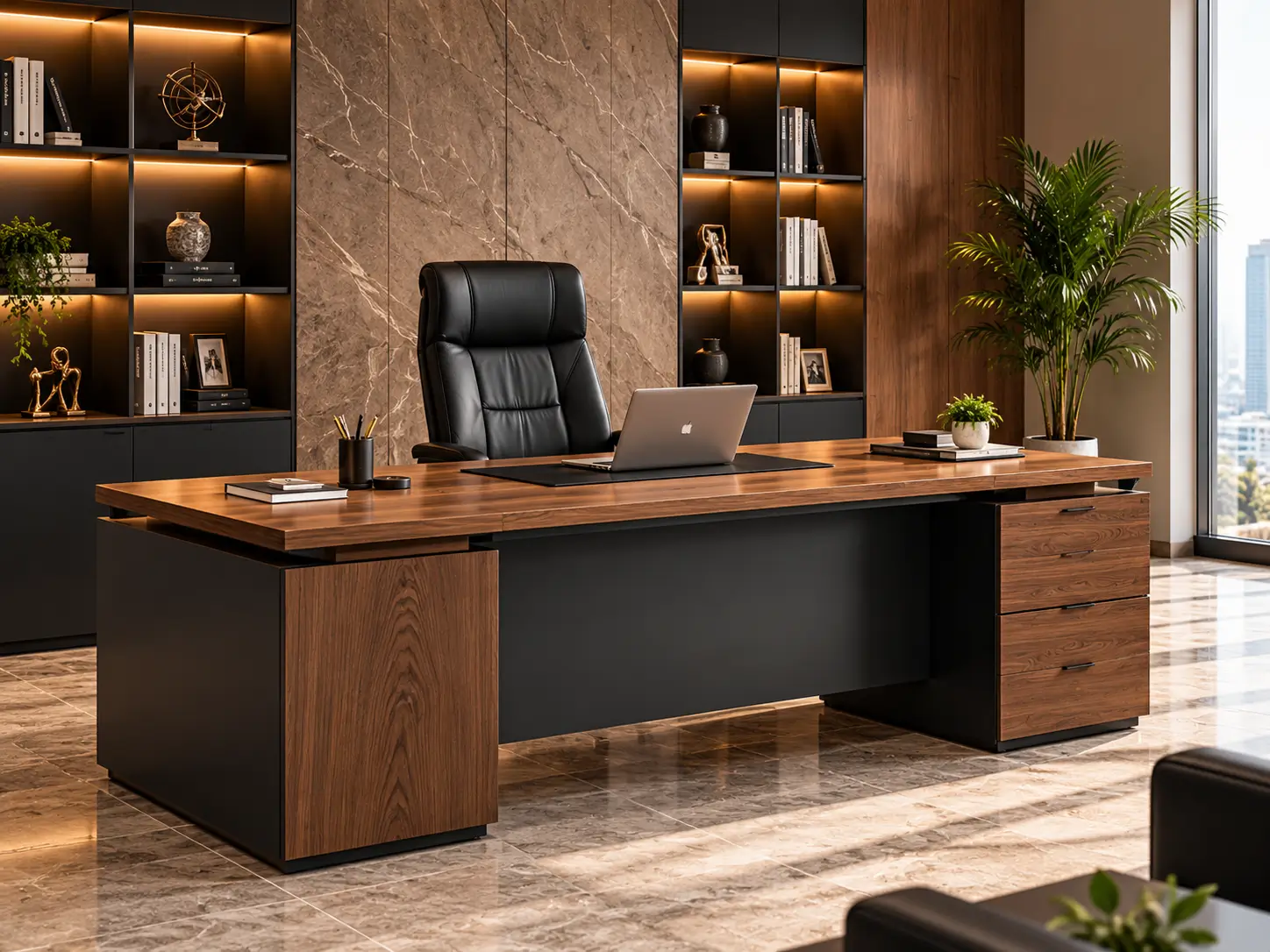 Meja direksi modern dengan finishing kayu walnut dan kabinet penyimpanan
