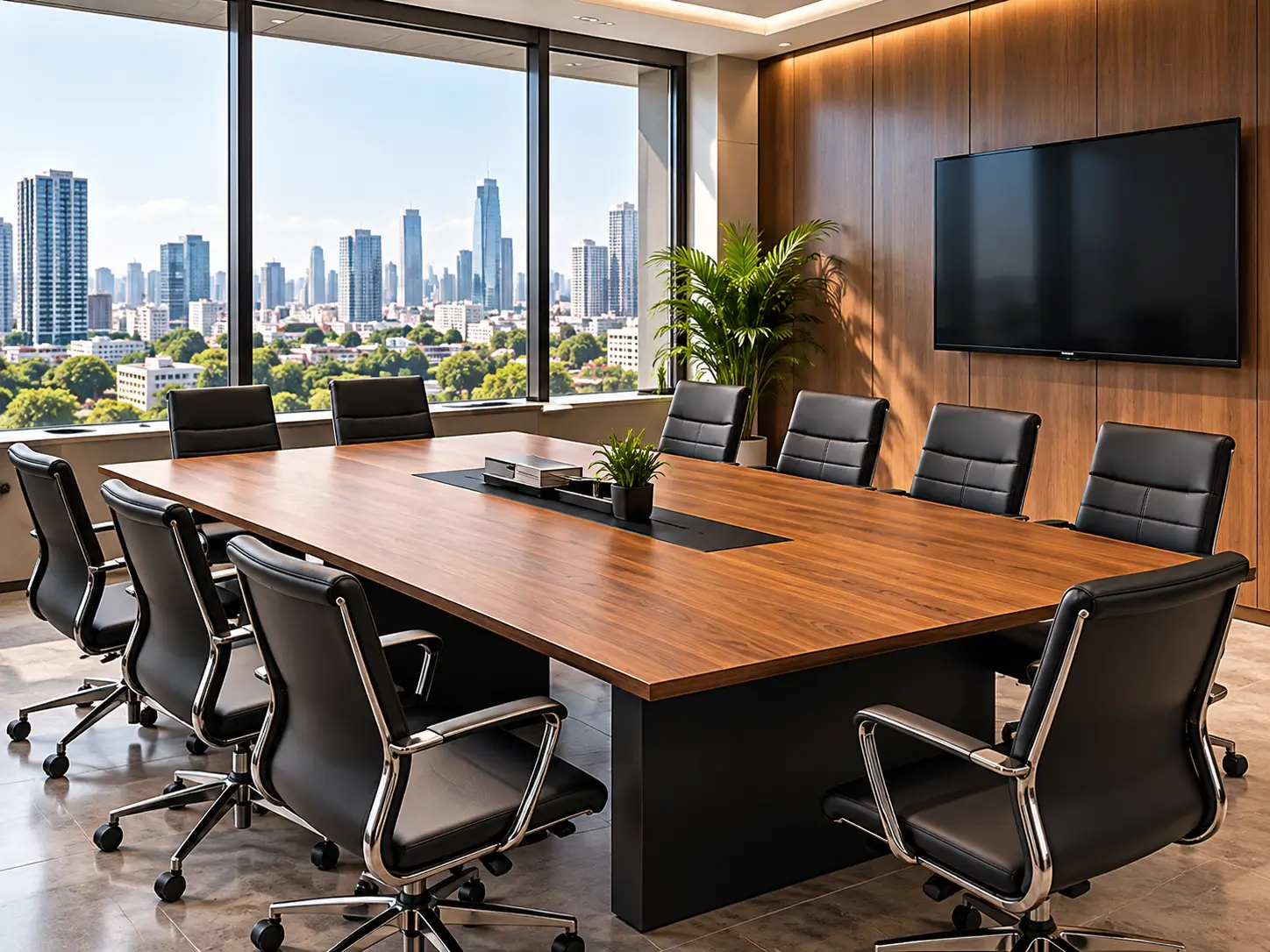 Meja rapat kayu modern dengan kursi kantor untuk ruang meeting perusahaan