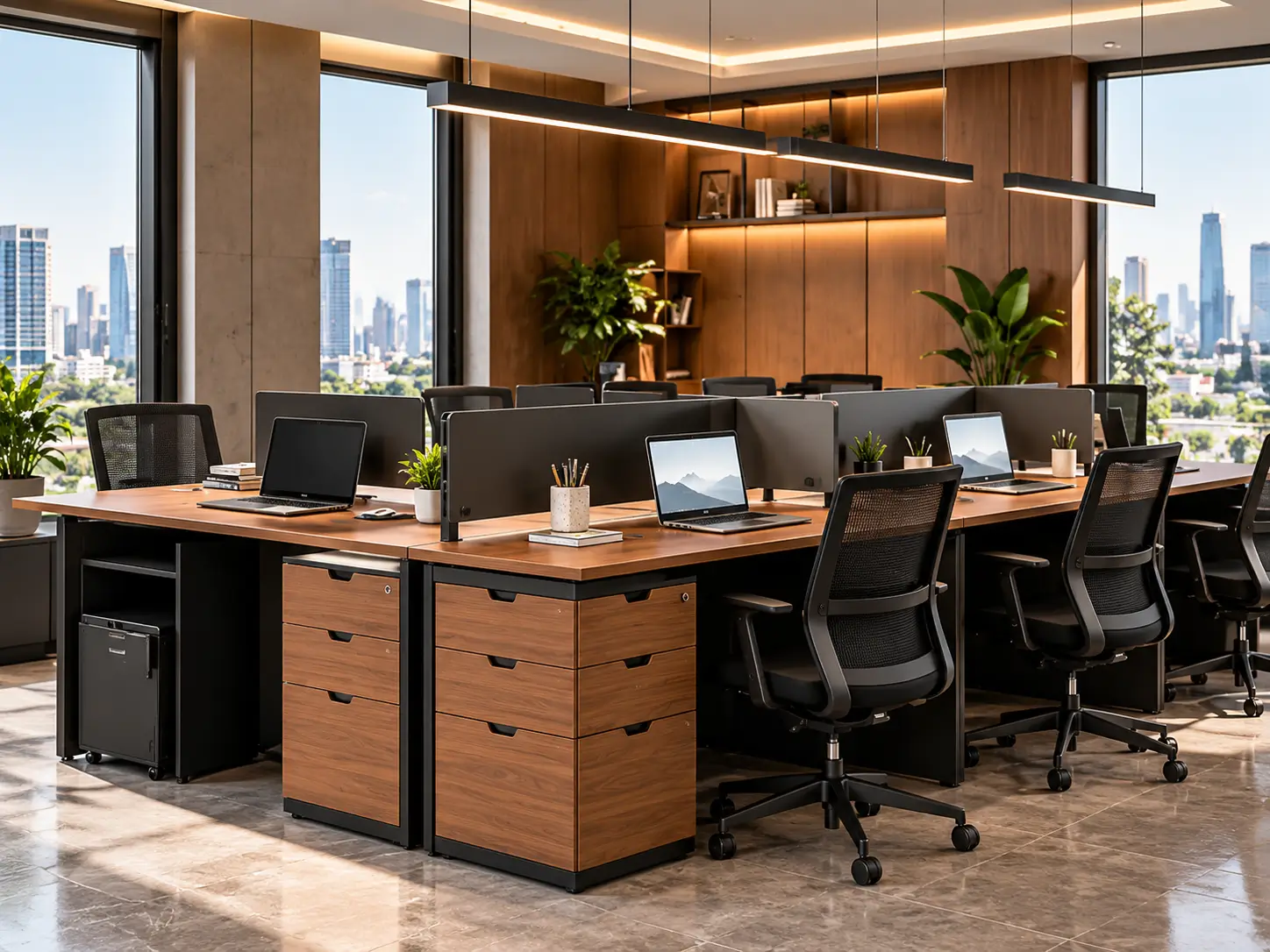 Workstation kantor modular dengan meja kerja dan kabinet penyimpanan