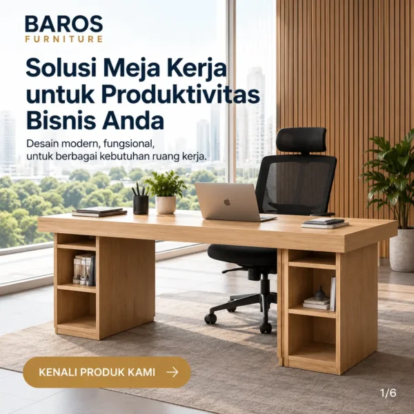 Meja kerja kantor Baros Furniture dengan desain kayu natural di dalam ruang kerja modern untuk kebutuhan bisnis.