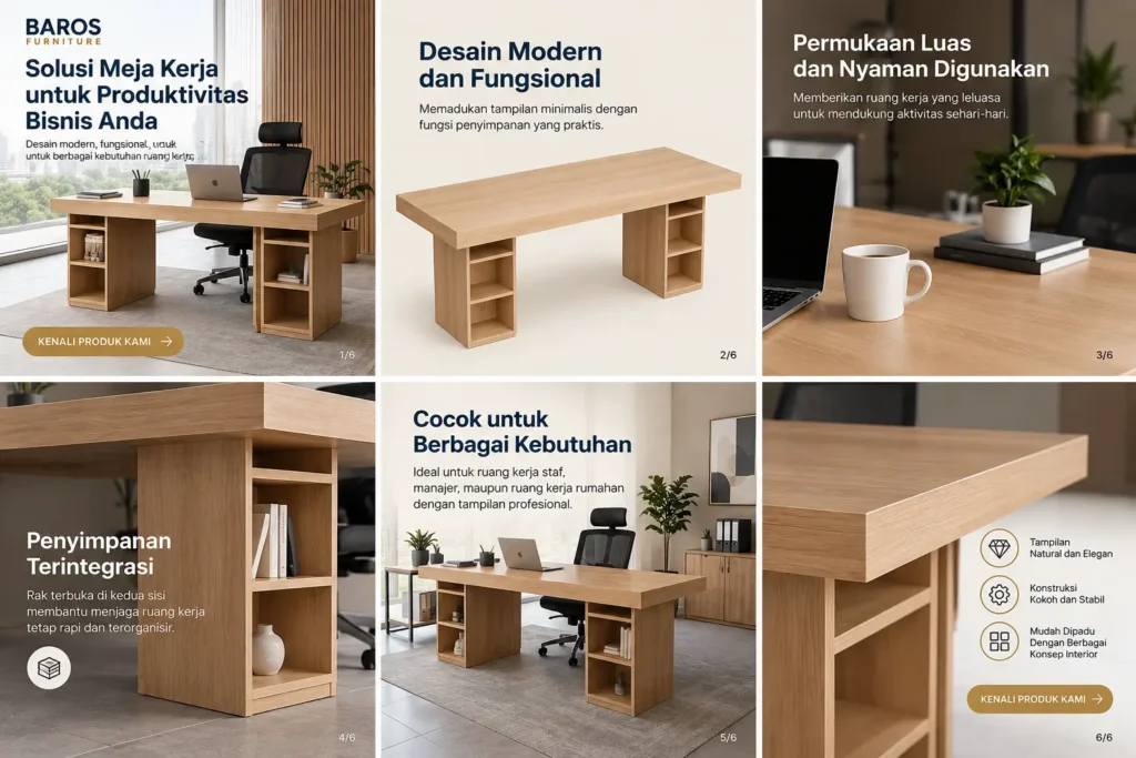 meja kerja kantor dengan rak penyimpanan