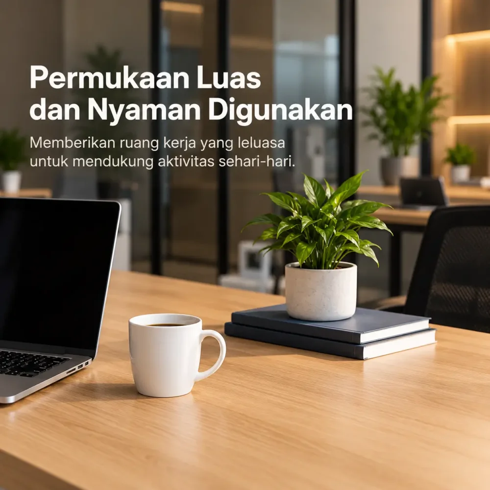 Tampilan permukaan meja kerja kayu Baros Furniture untuk menunjang aktivitas kerja sehari-hari.