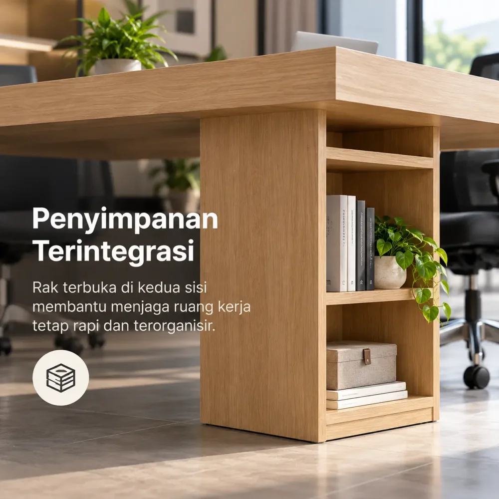 Detail rak terbuka pada penyangga meja kerja Baros Furniture untuk menyimpan perlengkapan kerja agar lebih tertata.