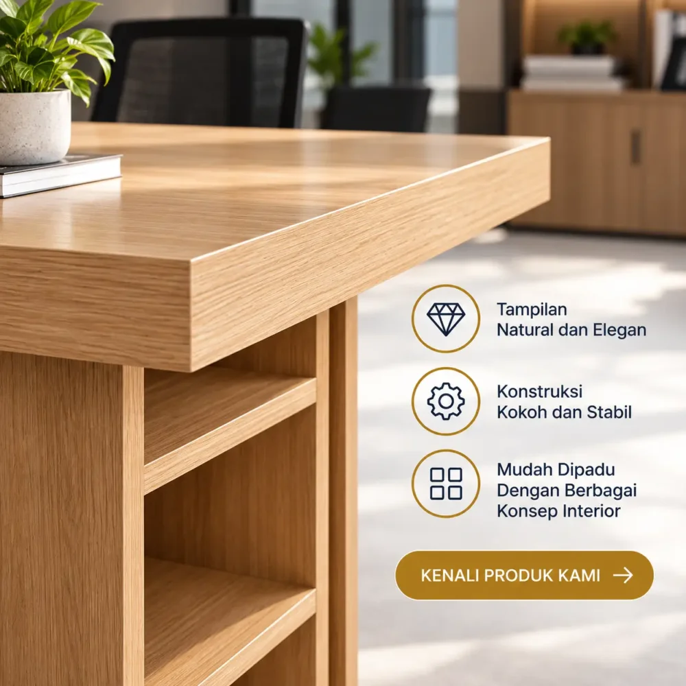 Detail permukaan dan finishing motif kayu pada meja kerja Baros Furniture dengan tampilan natural dan minimalis.
