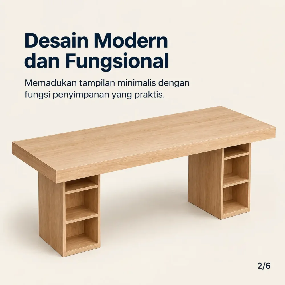 Meja kerja kayu Baros Furniture dengan desain modern dan rak penyimpanan terbuka yang terintegrasi pada kedua sisi meja.