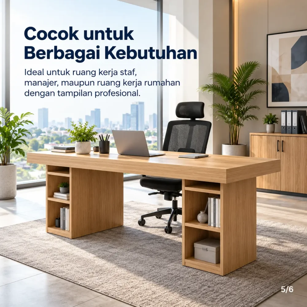 Meja kerja kayu Baros Furniture dalam interior kantor modern dengan kursi kerja dan perlengkapan kantor.